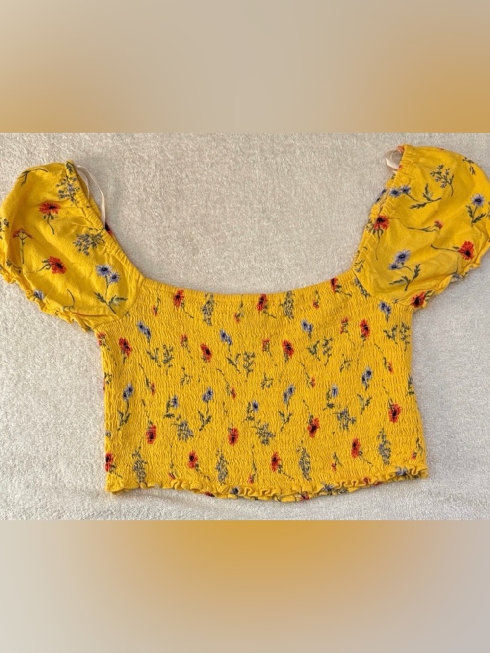 Forever 21 Ditsy Floral Yellow Smocked Off the Shoulder Crop Top Puff Sleeve Y2K